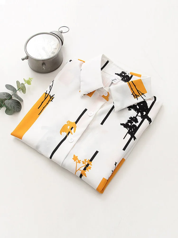 Women Abstract Tree Painted Lapel Collar Loose Casual Shirts