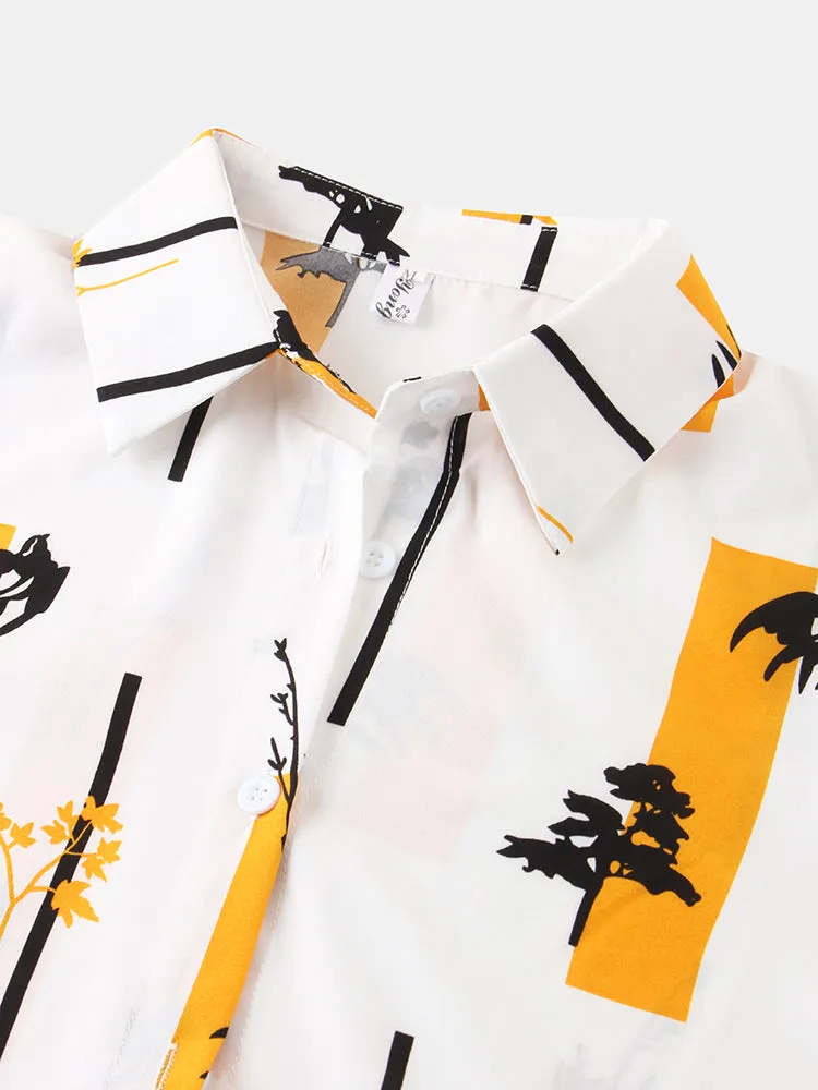Women Abstract Tree Painted Lapel Collar Loose Casual Shirts