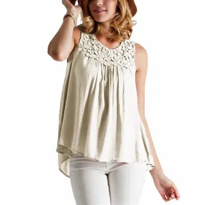 Women Blouses Lace Crochet Back Bandage Sleeveless Beach Vest Elegant Loose Tops Blouse Plus Size