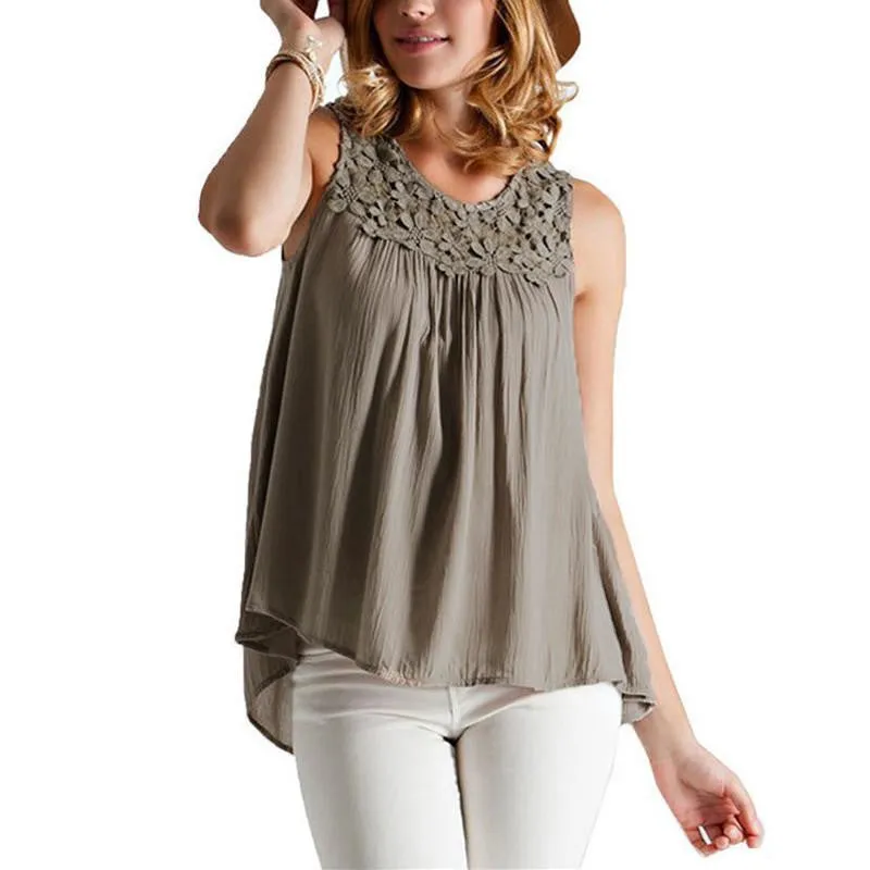 Women Blouses Lace Crochet Back Bandage Sleeveless Beach Vest Elegant Loose Tops Blouse Plus Size