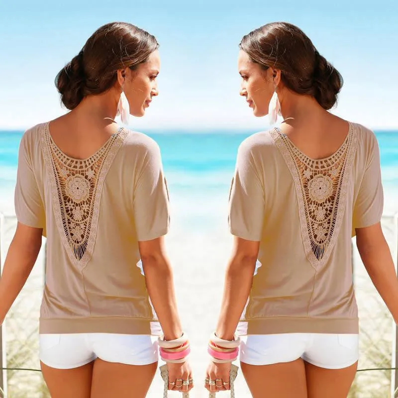 Women Blouses Lace Short Sleeve plus size Blouse Casual solid Tops Shirt vetement