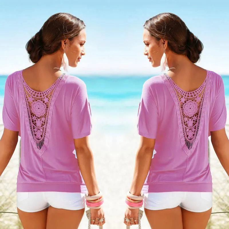 Women Blouses Lace Short Sleeve plus size Blouse Casual solid Tops Shirt vetement