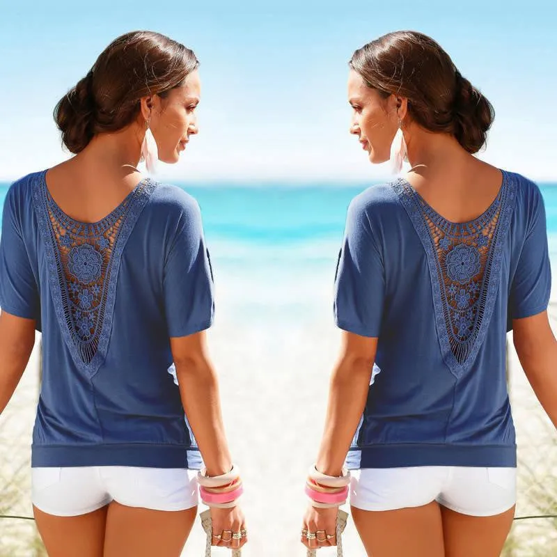 Women Blouses Lace Short Sleeve plus size Blouse Casual solid Tops Shirt vetement