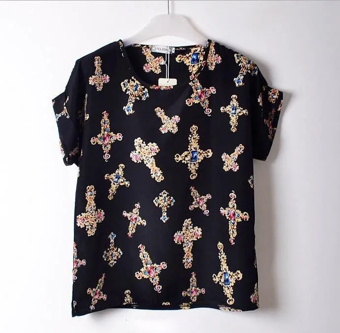 Women Blouses Shirts Chiffon Plus Size Top Tee Short Shirt Woman Clothing Tops Shirt Floral Fashion