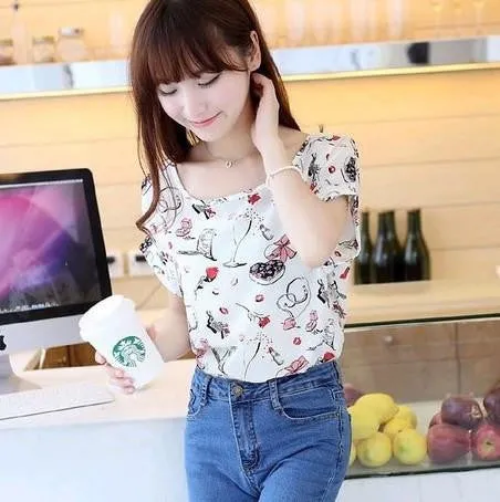 Women Blouses Shirts Chiffon Plus Size Top Tee Short Shirt Woman Clothing Tops Shirt Floral Fashion
