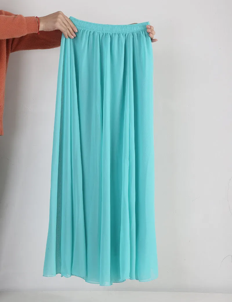 Women Chiffon Long Skirts Candy Color Pleated Maxi Skirts Spring Summer Skirts M L XL 17Colors