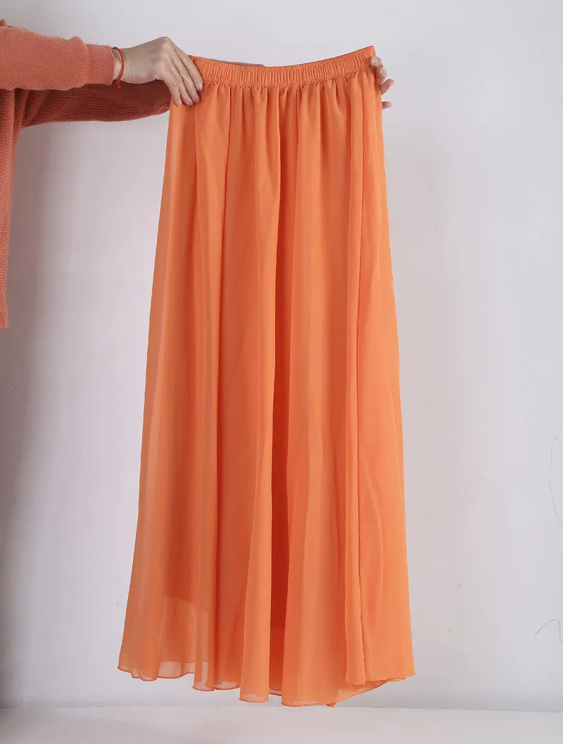 Women Chiffon Long Skirts Candy Color Pleated Maxi Skirts Spring Summer Skirts M L XL 17Colors