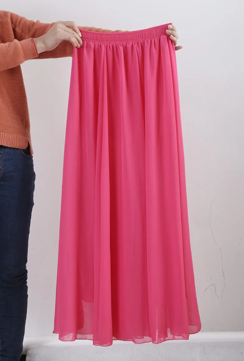 Women Chiffon Long Skirts Candy Color Pleated Maxi Skirts Spring Summer Skirts M L XL 17Colors