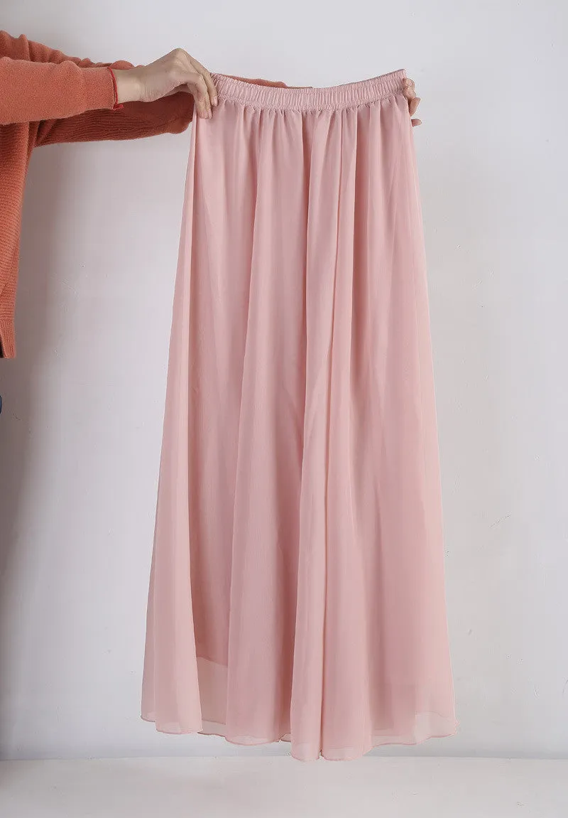 Women Chiffon Long Skirts Candy Color Pleated Maxi Skirts Spring Summer Skirts M L XL 17Colors