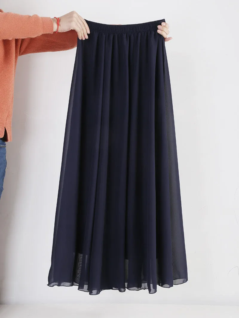 Women Chiffon Long Skirts Candy Color Pleated Maxi Skirts Spring Summer Skirts M L XL 17Colors