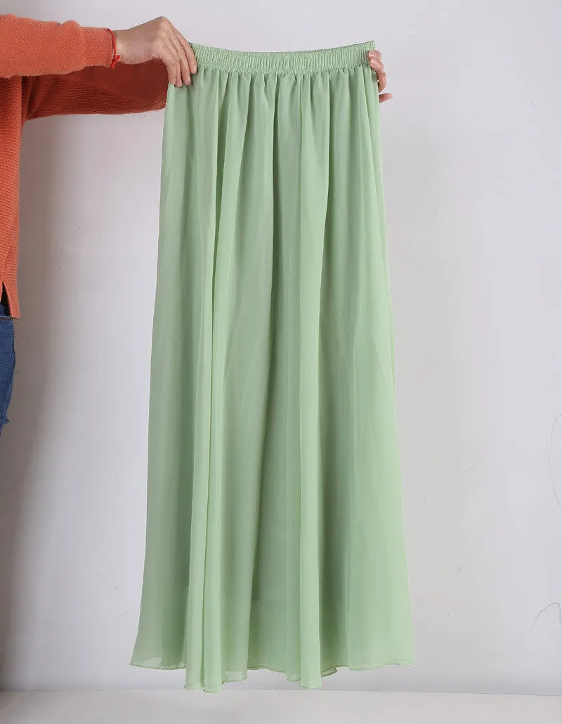 Women Chiffon Long Skirts Candy Color Pleated Maxi Skirts Spring Summer Skirts M L XL 17Colors