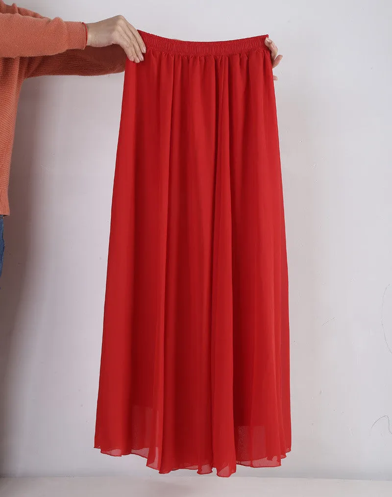 Women Chiffon Long Skirts Candy Color Pleated Maxi Skirts Spring Summer Skirts M L XL 17Colors