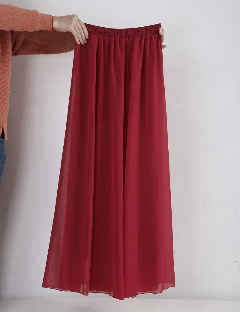 Women Chiffon Long Skirts Candy Color Pleated Maxi Skirts Spring Summer Skirts M L XL 17Colors