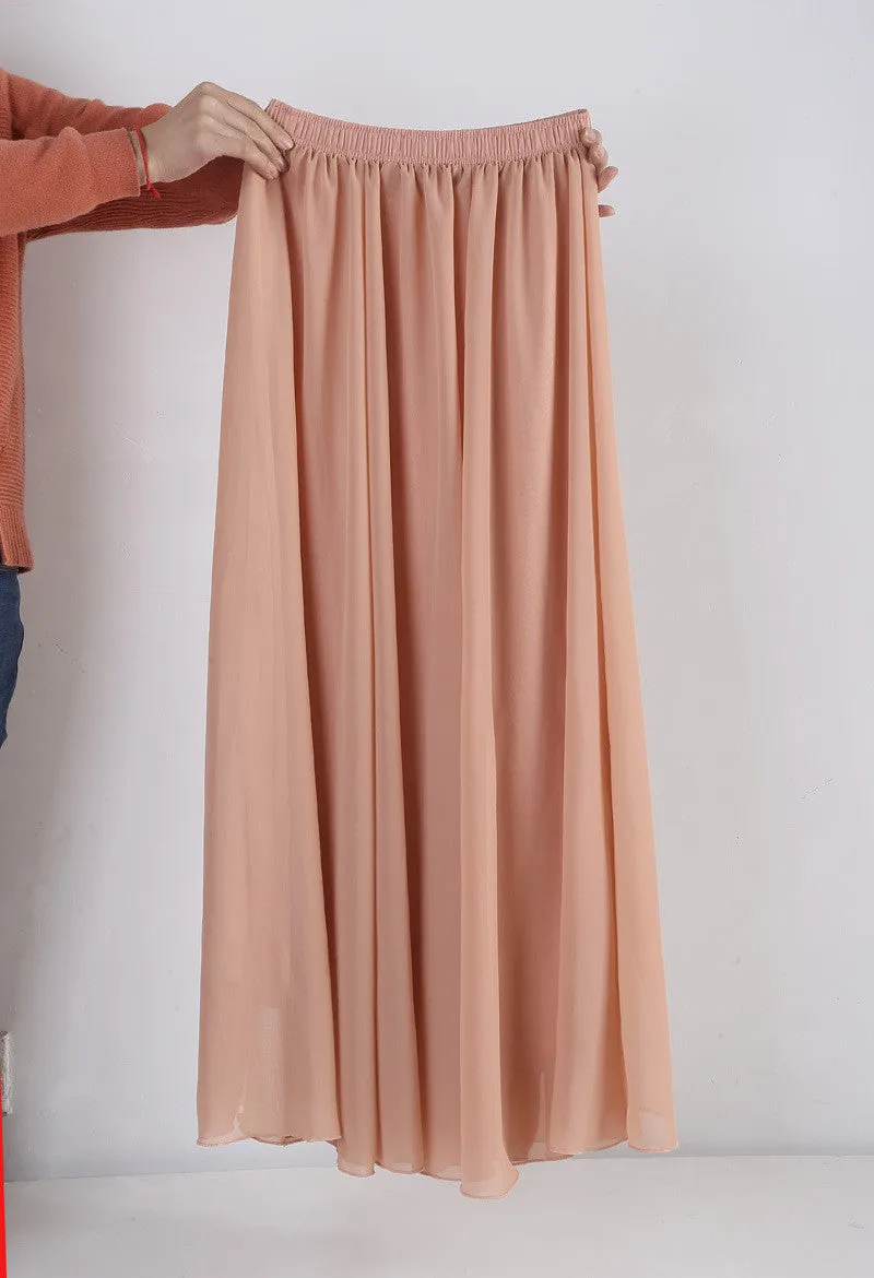 Women Chiffon Long Skirts Candy Color Pleated Maxi Skirts Spring Summer Skirts M L XL 17Colors