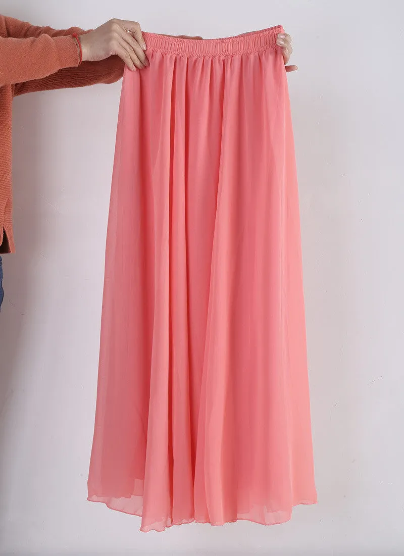 Women Chiffon Long Skirts Candy Color Pleated Maxi Skirts Spring Summer Skirts M L XL 17Colors