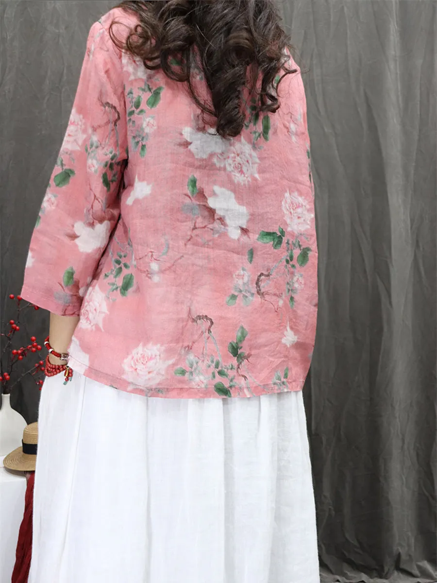 Women Ethnic Spring Flower V-Neck 100%Ramie Shirt