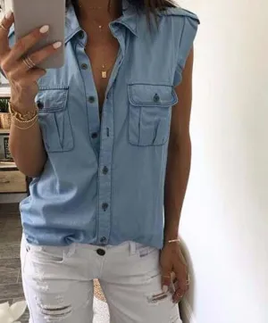 Women Fashion Vintage Buttons Pockets Blouses Sleeveless Jeans Denim Blue Shirts Female Casual Tops