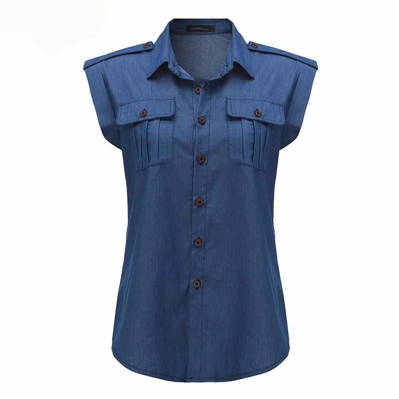 Women Fashion Vintage Buttons Pockets Blouses Sleeveless Jeans Denim Blue Shirts Female Casual Tops