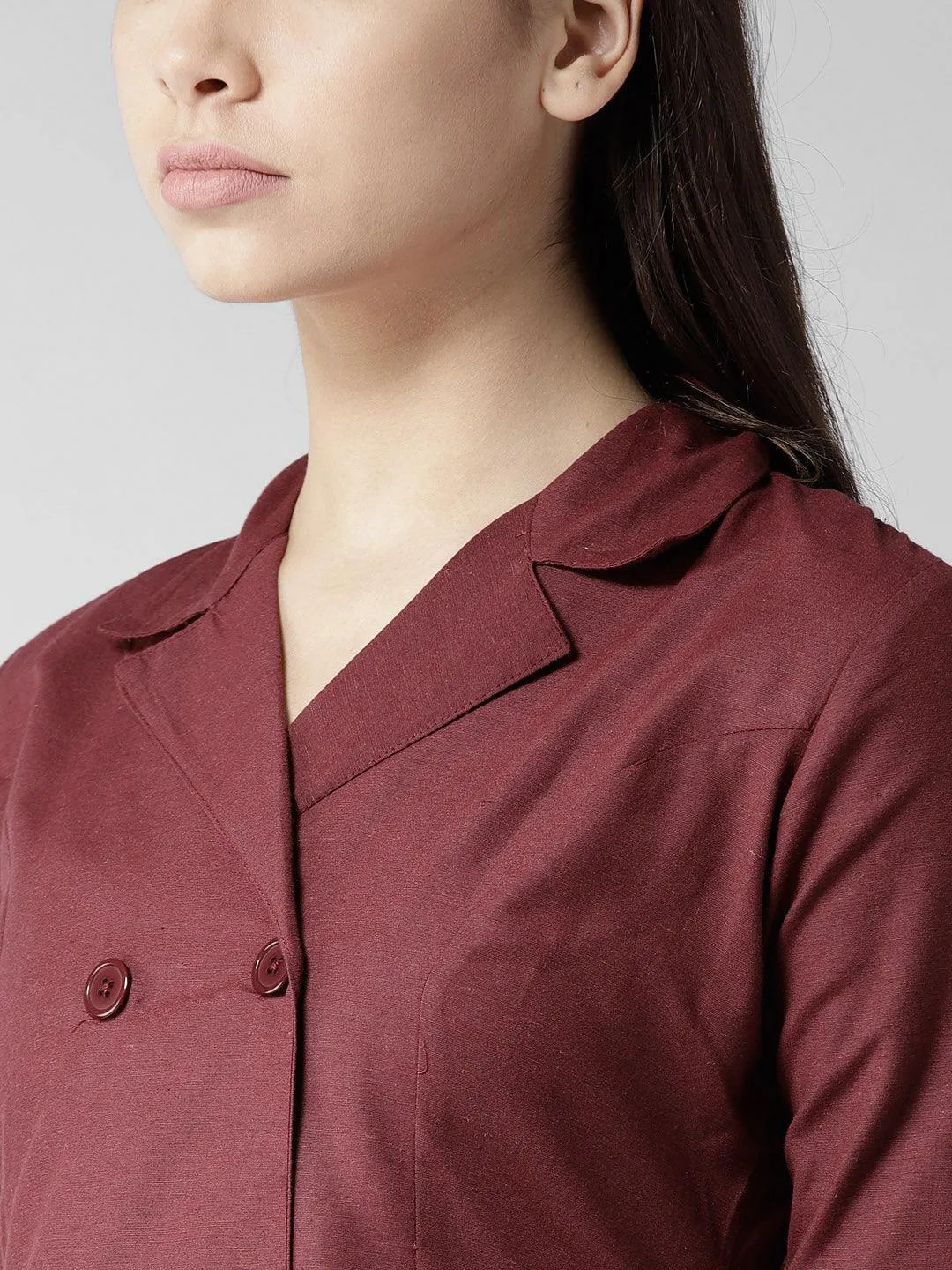 Women Maroon Solid Longline Tailored Jacket