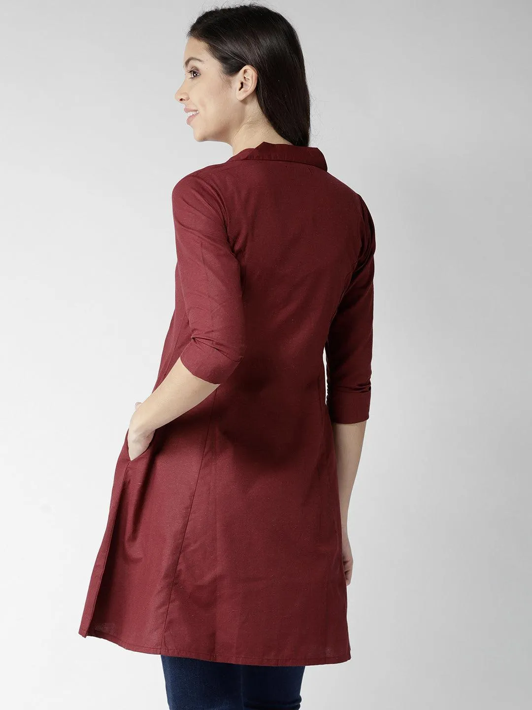 Women Maroon Solid Longline Tailored Jacket