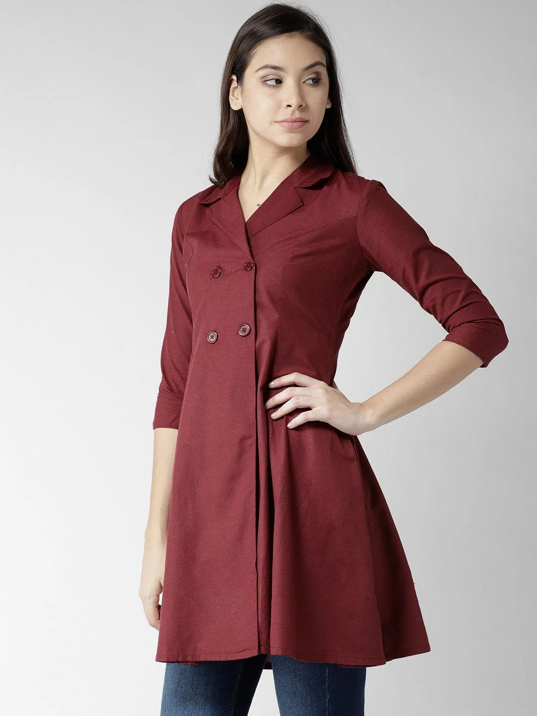 Women Maroon Solid Longline Tailored Jacket