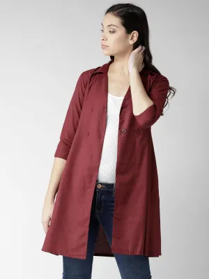 Women Maroon Solid Longline Tailored Jacket