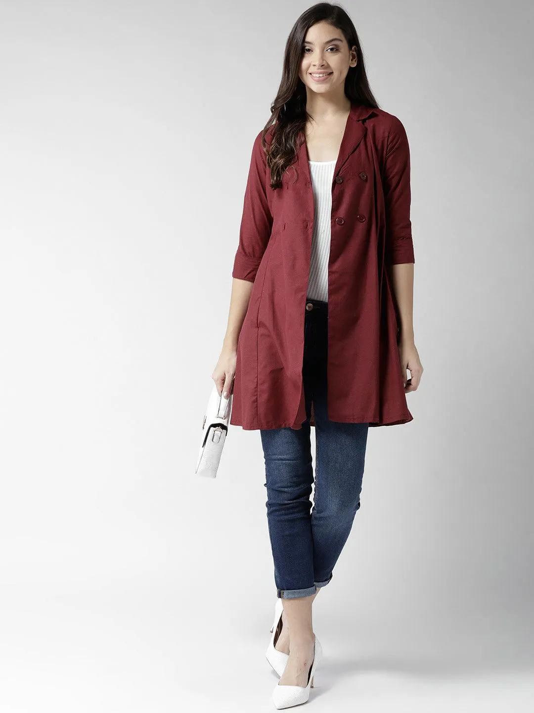 Women Maroon Solid Longline Tailored Jacket