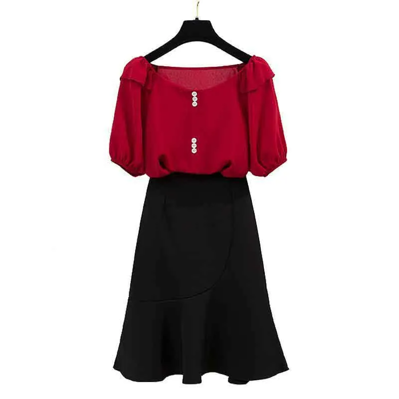 Women O-neck Chiffon T-shirt Sexy A Word Bag Hip Skirt 2pcs Office Lady T-shirt Skirt Suit