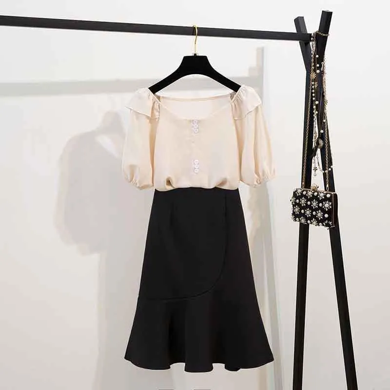 Women O-neck Chiffon T-shirt Sexy A Word Bag Hip Skirt 2pcs Office Lady T-shirt Skirt Suit