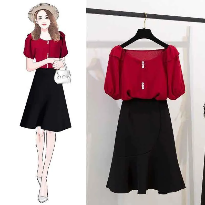 Women O-neck Chiffon T-shirt Sexy A Word Bag Hip Skirt 2pcs Office Lady T-shirt Skirt Suit