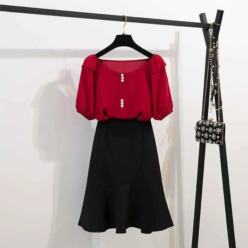 Women O-neck Chiffon T-shirt Sexy A Word Bag Hip Skirt 2pcs Office Lady T-shirt Skirt Suit