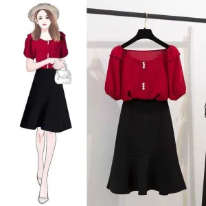 Women O-neck Chiffon T-shirt Sexy A Word Bag Hip Skirt 2pcs Office Lady T-shirt Skirt Suit