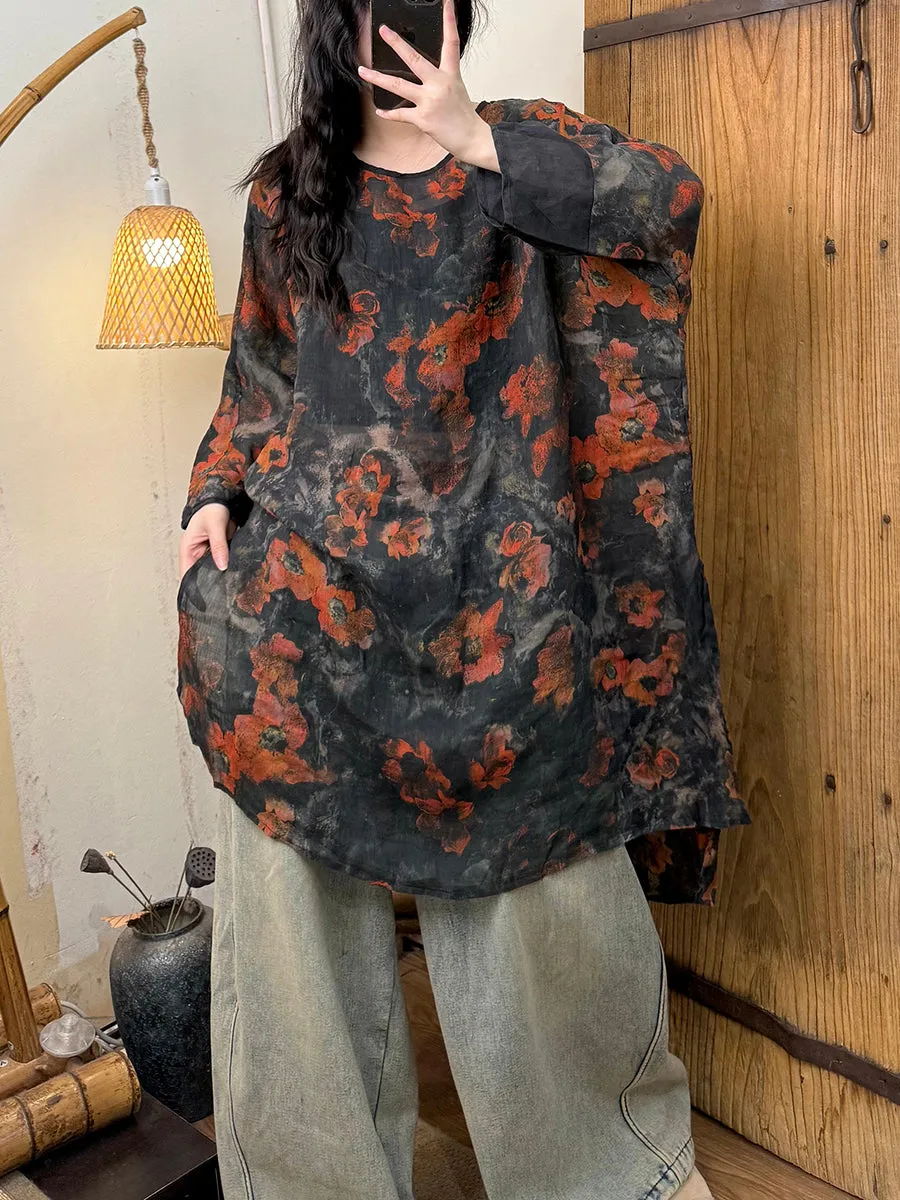 Women Spring Artsy O-Neck Flower Ramie Shirt