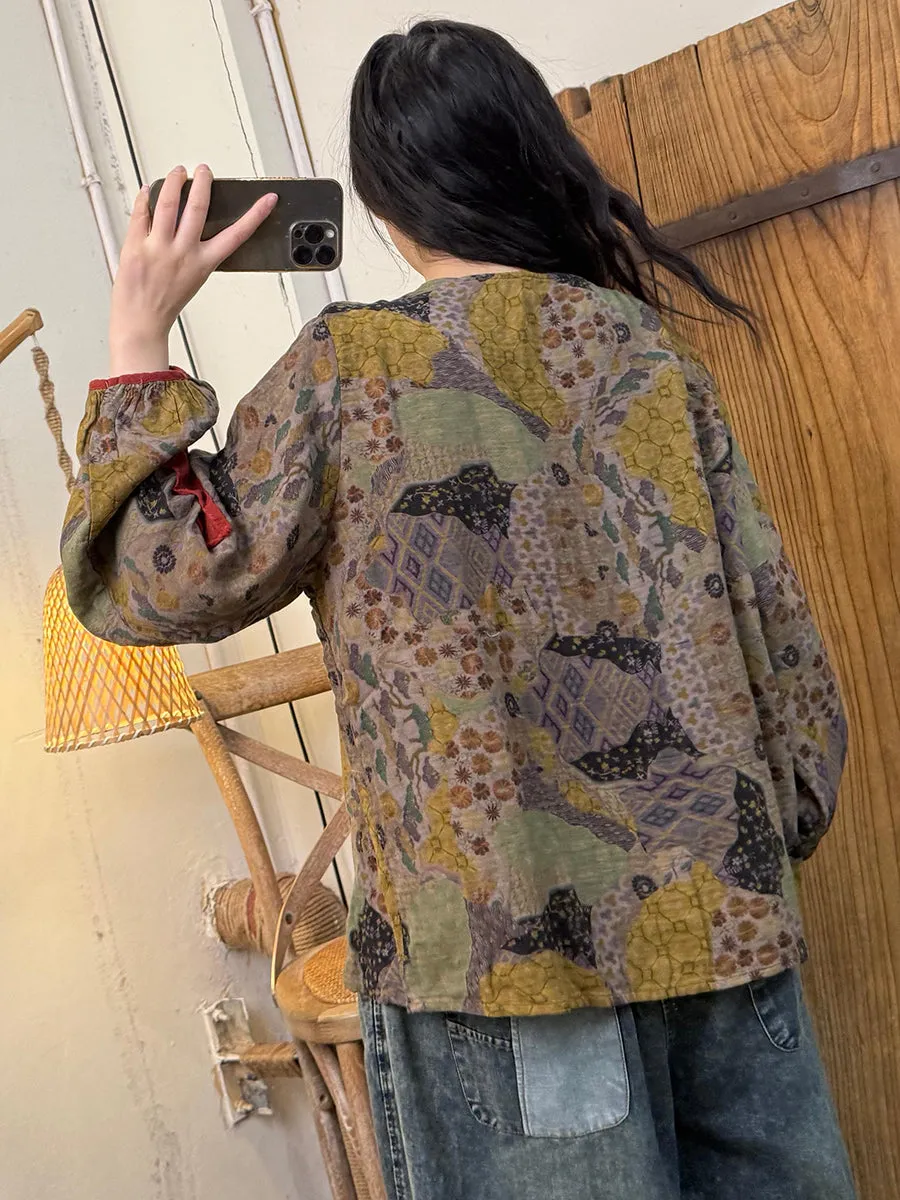 Women Spring Vintage Patchwork Flower O-Neck Shirt