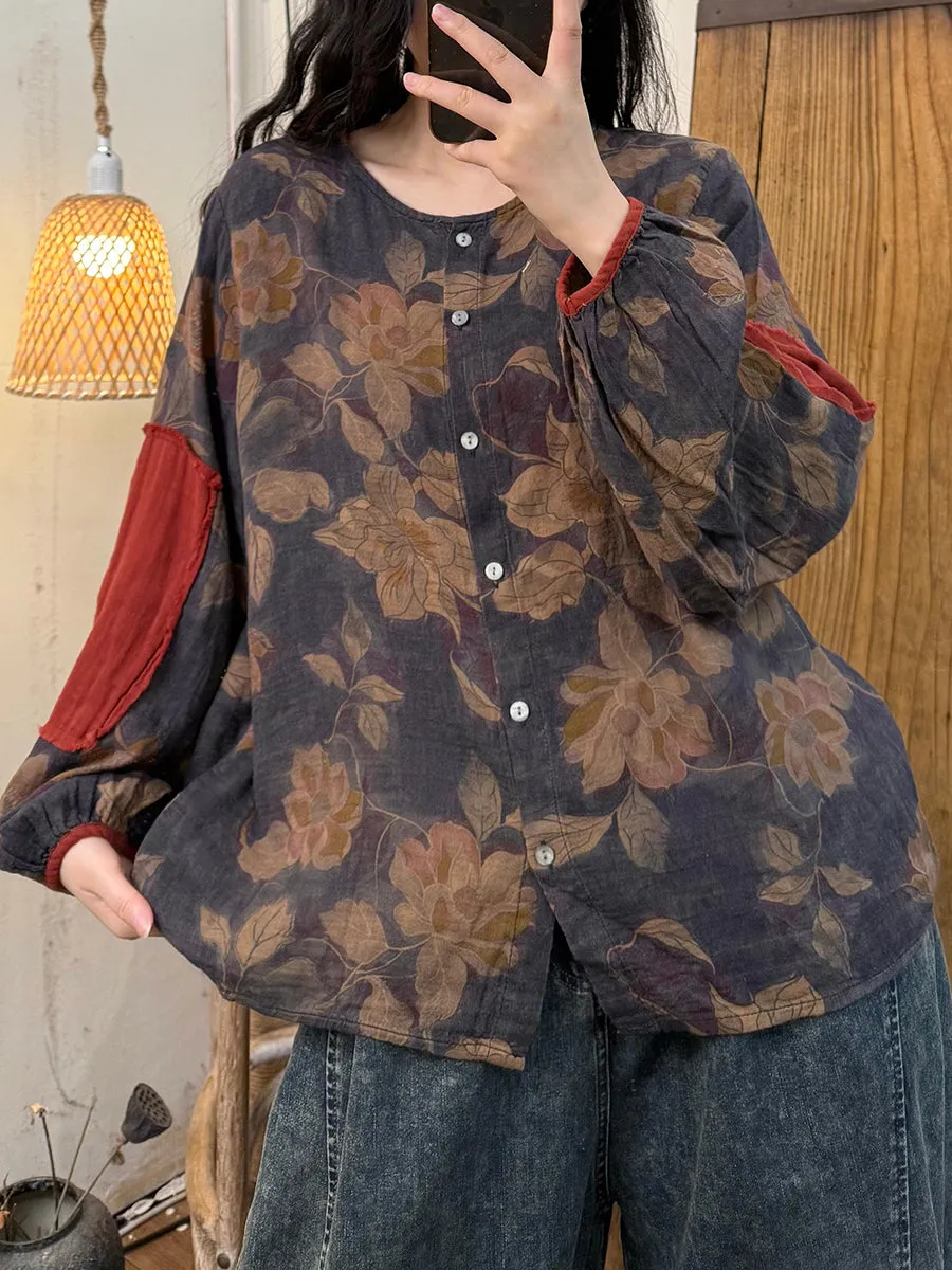 Women Spring Vintage Patchwork Flower O-Neck Shirt