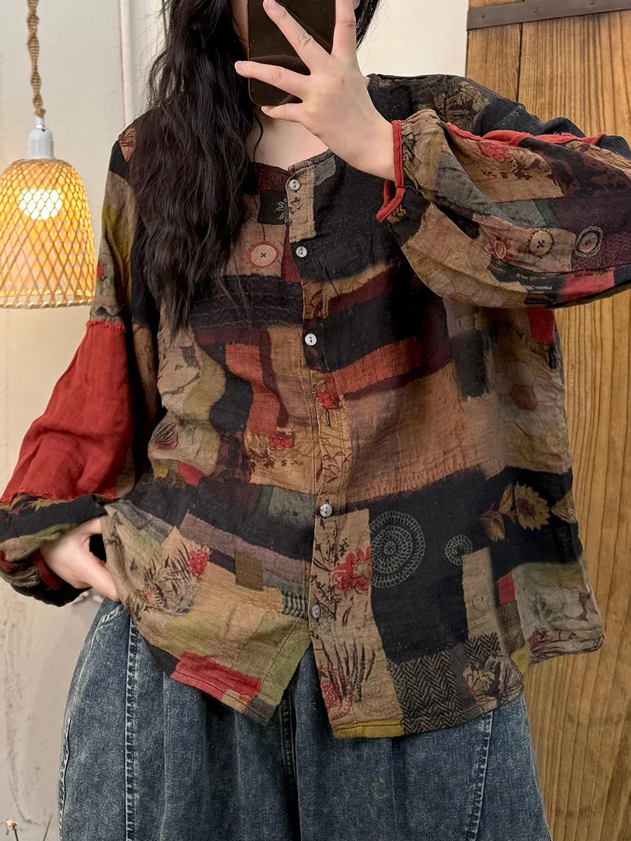 Women Spring Vintage Patchwork Flower O-Neck Shirt