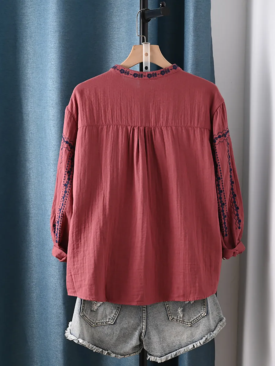 Women Summer Artsy Embroidery Stand Collar 100%Cotton Shirt