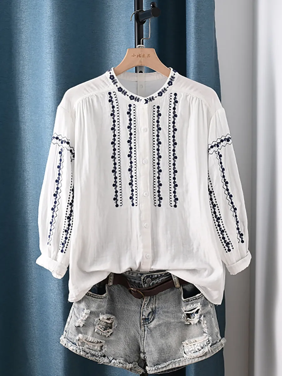 Women Summer Artsy Embroidery Stand Collar 100%Cotton Shirt