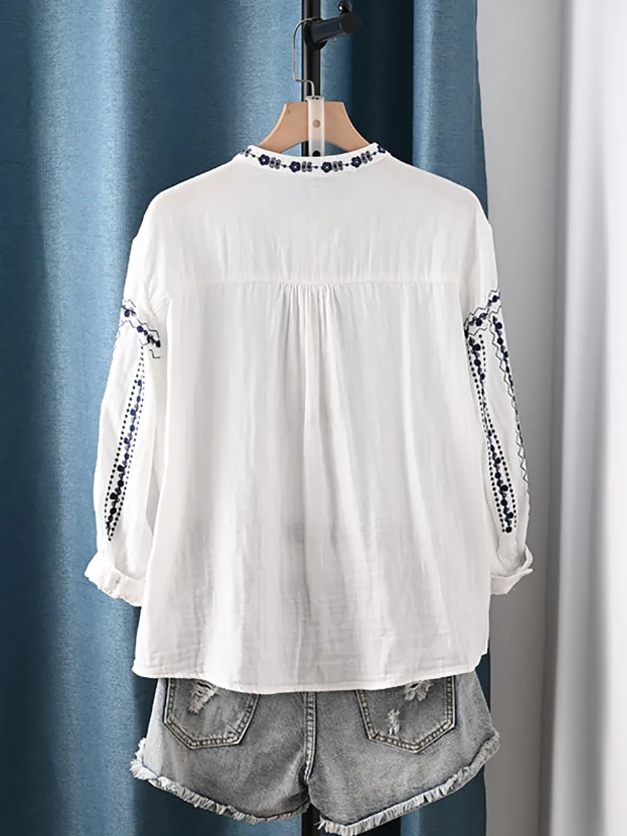 Women Summer Artsy Embroidery Stand Collar 100%Cotton Shirt