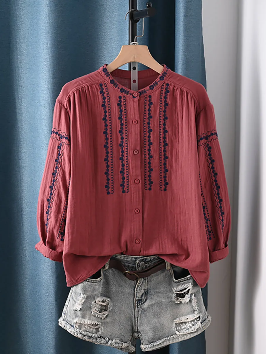 Women Summer Artsy Embroidery Stand Collar 100%Cotton Shirt