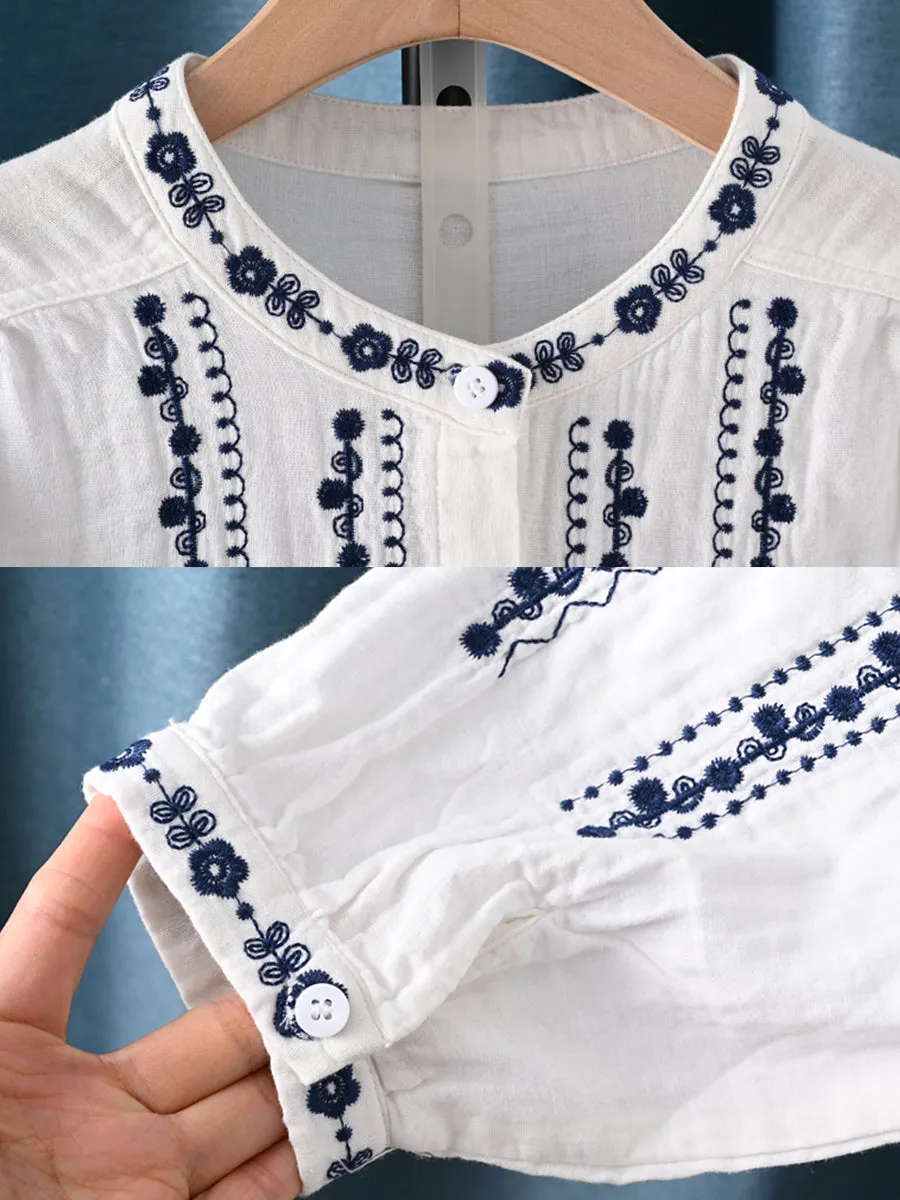 Women Summer Artsy Embroidery Stand Collar 100%Cotton Shirt