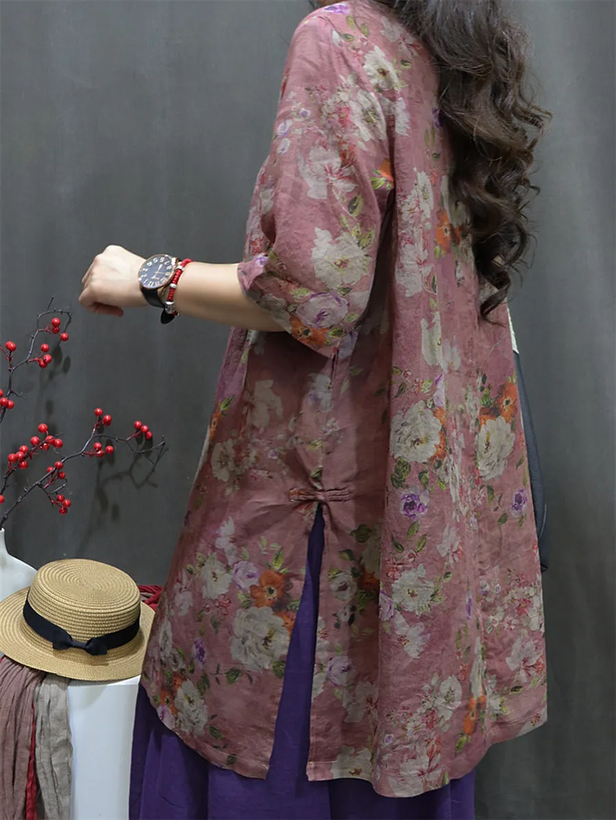 Women Summer Vintage Stand Collar Flower 100%Ramie Shirt