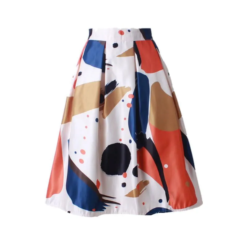 Women Vintage Retro Satin Floral Pleated Skirts Audrey Hepburn Style High Waist A-Line tutu Midi Skirt