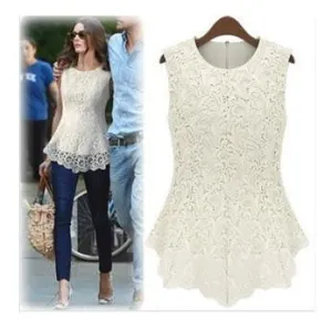 Women White Lace Blouses Crochet Lace Tops Women Sleeveless Chiffon Shirts AWT0002