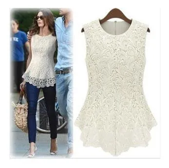 Women White Lace Blouses Crochet Lace Tops Women Sleeveless Chiffon Shirts AWT0002