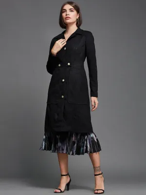 Women's Black Solid Shirt Collar Full Sleeves Patched Pocketed Polyester Button Down Longline Blazer Jacket