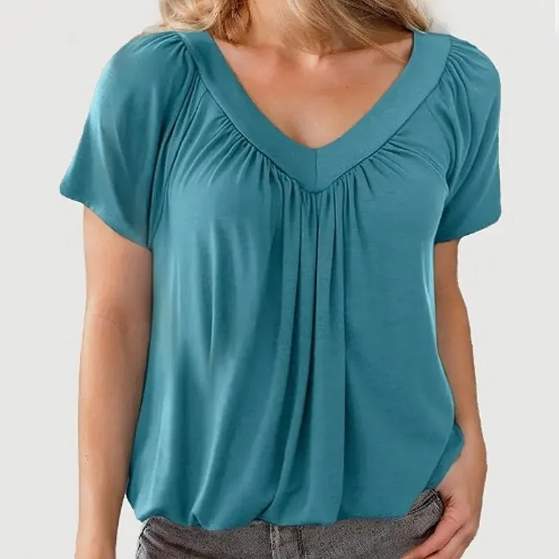 Women's Casual Pleated V-Neck Short-Sleeve Top