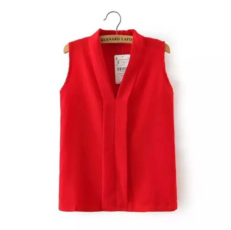 Women's Colourful V Neck Chiffon Blouses Cute Sleeveless Shirts Casual Slim Brand Tops