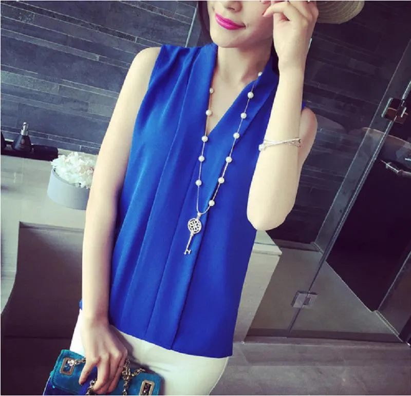 Women's Colourful V Neck Chiffon Blouses Cute Sleeveless Shirts Casual Slim Brand Tops
