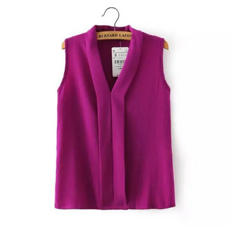 Women's Colourful V Neck Chiffon Blouses Cute Sleeveless Shirts Casual Slim Brand Tops